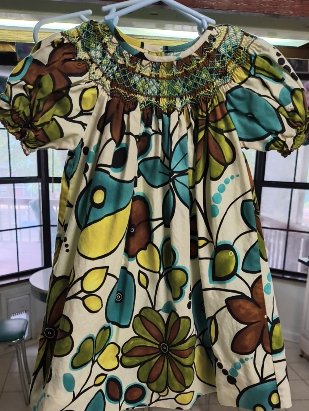 Girls Floral Smocked Cotton Dress - Teal, Olive & Brown Sz 18mn Like New
